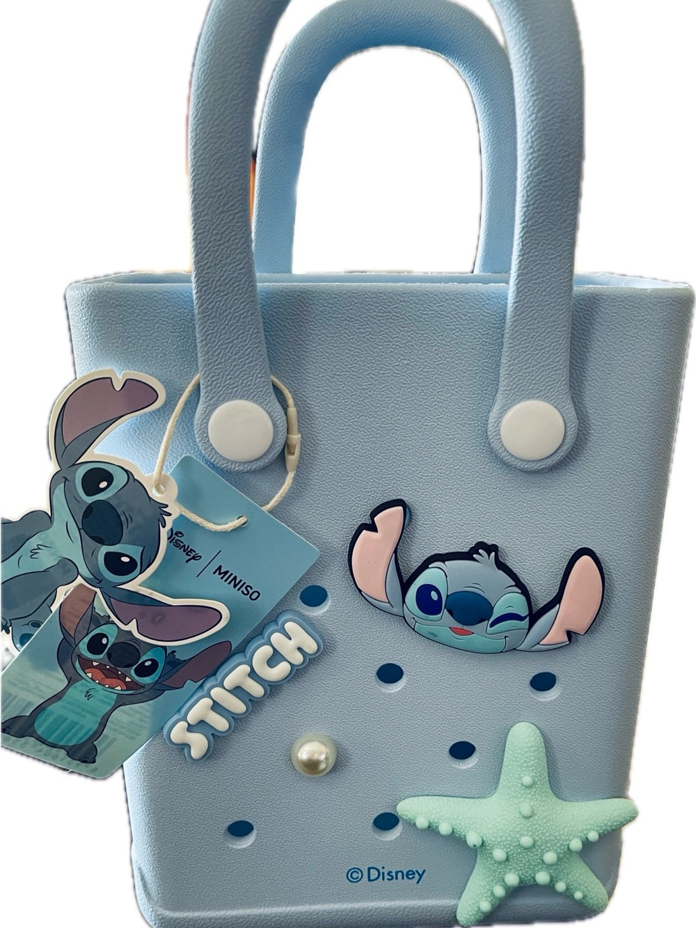 Adorable Miniso Disney Stitch Light Blue Beach Tote Bag with Charms